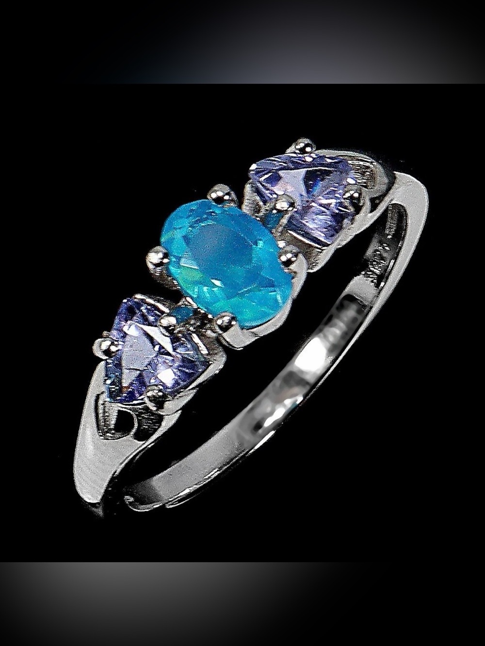 Vibrant Natural Blue Fire Opal & Tanzanite Ring 925 Sterling Silver Size 7